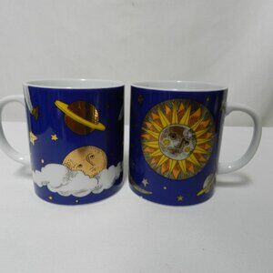 Department 56 Japan Celestial Sun Moon Start Cobalt Ceramic Cup Mug Set 2 Vtg